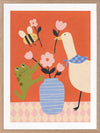 Goose, frog and bee work together around a vase of blossoms on a lively orange background, from the Little Tails Collection by Urban Road.