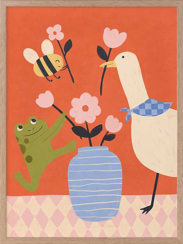Goose, frog and bee work together around a vase of blossoms on a lively orange background, from the Little Tails Collection by Urban Road.