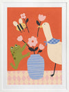 Goose, frog and bee work together around a vase of blossoms on a lively orange background, from the Little Tails Collection by Urban Road.