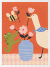 Goose, frog and bee work together around a vase of blossoms on a lively orange background, from the Little Tails Collection by Urban Road.