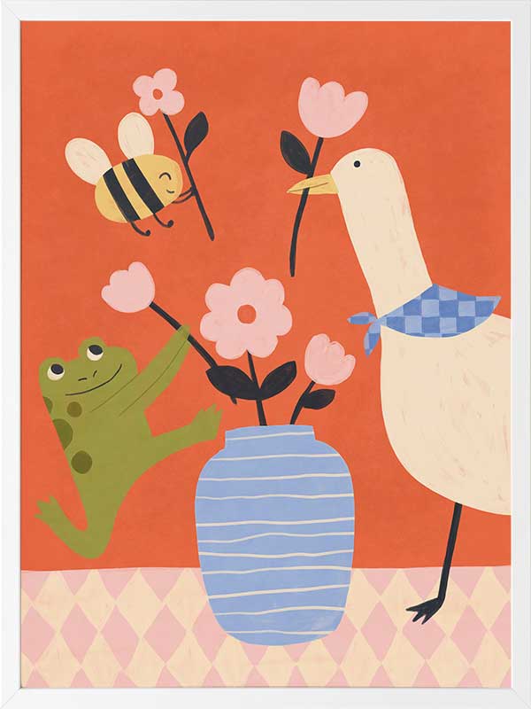 Goose, frog and bee work together around a vase of blossoms on a lively orange background, from the Little Tails Collection by Urban Road.
