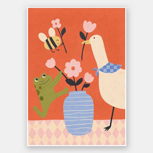 Goose, frog and bee work together around a vase of blossoms on a lively orange background, from the Little Tails Collection by Urban Road.