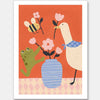 Goose, frog and bee work together around a vase of blossoms on a lively orange background, from the Little Tails Collection by Urban Road.