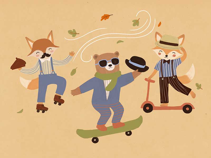 Cool animal trio skate and dance to the beat on a vibrant orange ground, from the Little Tails Collection by Urban Road.