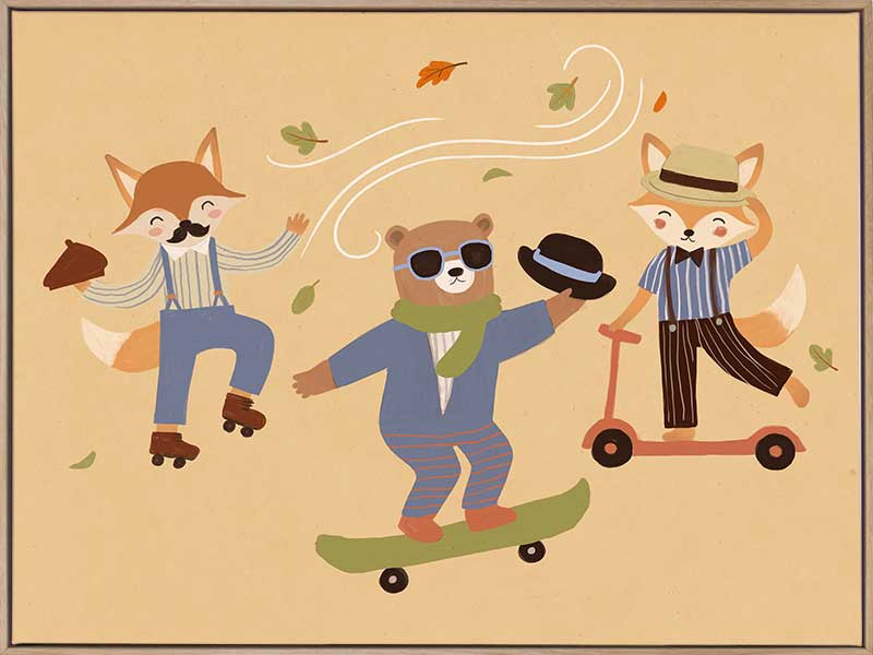 Cool animal trio skate and dance to the beat on a vibrant orange ground, from the Little Tails Collection by Urban Road.