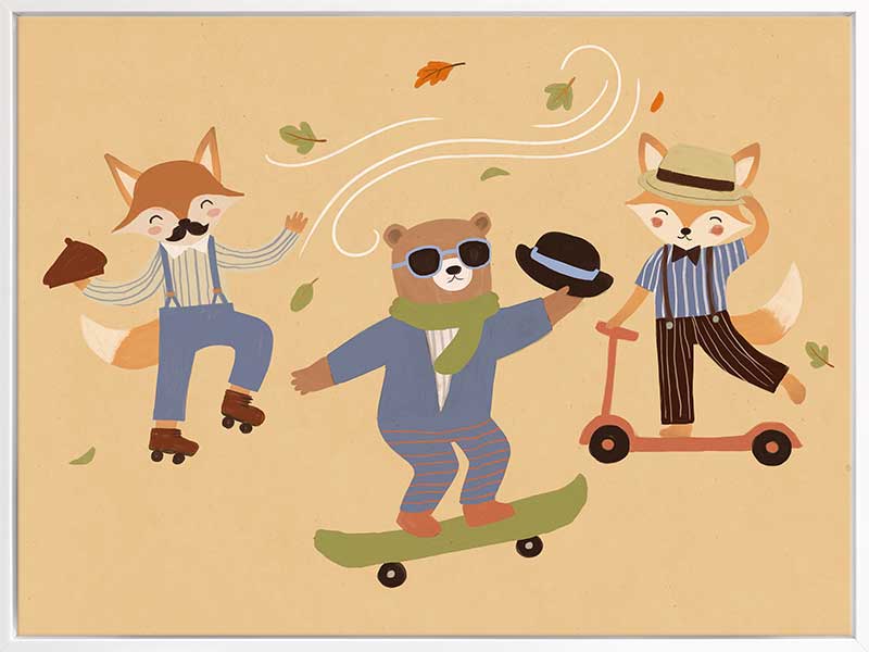 Cool animal trio skate and dance to the beat on a vibrant orange ground, from the Little Tails Collection by Urban Road.