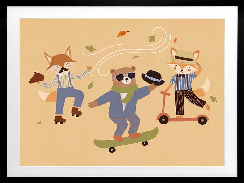 Cool animal trio skate and dance to the beat on a vibrant orange ground, from the Little Tails Collection by Urban Road.