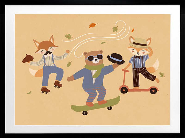 Cool animal trio skate and dance to the beat on a vibrant orange ground, from the Little Tails Collection by Urban Road.