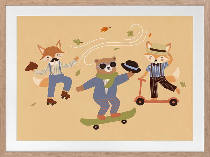 Cool animal trio skate and dance to the beat on a vibrant orange ground, from the Little Tails Collection by Urban Road.