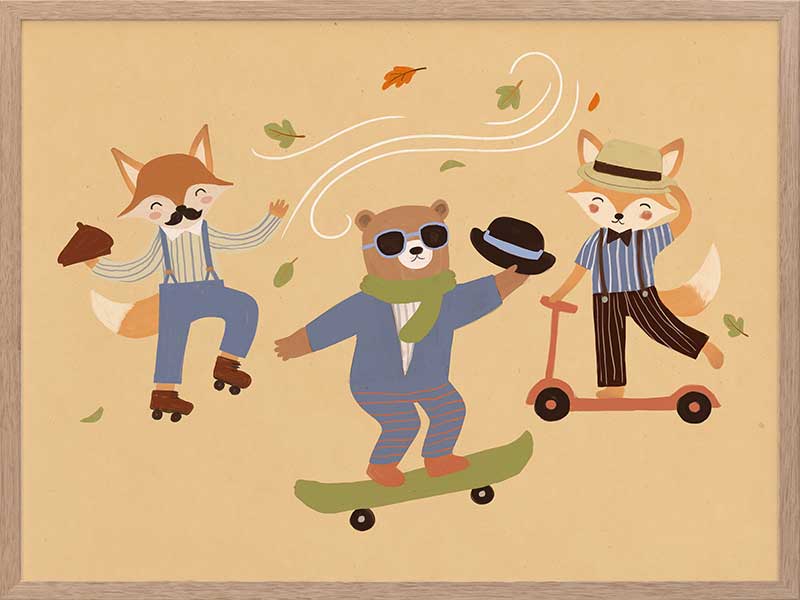 Cool animal trio skate and dance to the beat on a vibrant orange ground, from the Little Tails Collection by Urban Road.