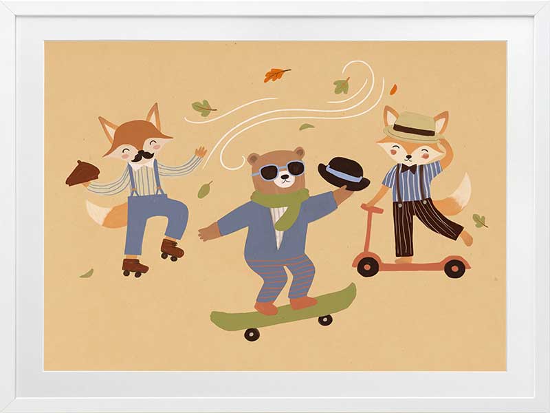 Cool animal trio skate and dance to the beat on a vibrant orange ground, from the Little Tails Collection by Urban Road.