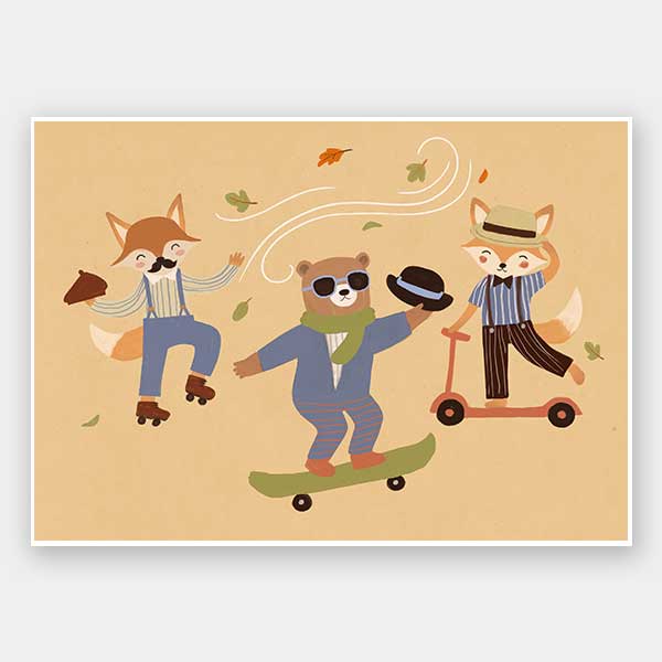 Cool animal trio skate and dance to the beat on a vibrant orange ground, from the Little Tails Collection by Urban Road.