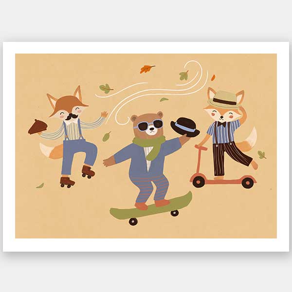 Cool animal trio skate and dance to the beat on a vibrant orange ground, from the Little Tails Collection by Urban Road.