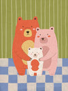 Three cuddly bears hugging against green stripes and blue checks in a soft storybook palette, from the Little Tails Collection by Urban Road.