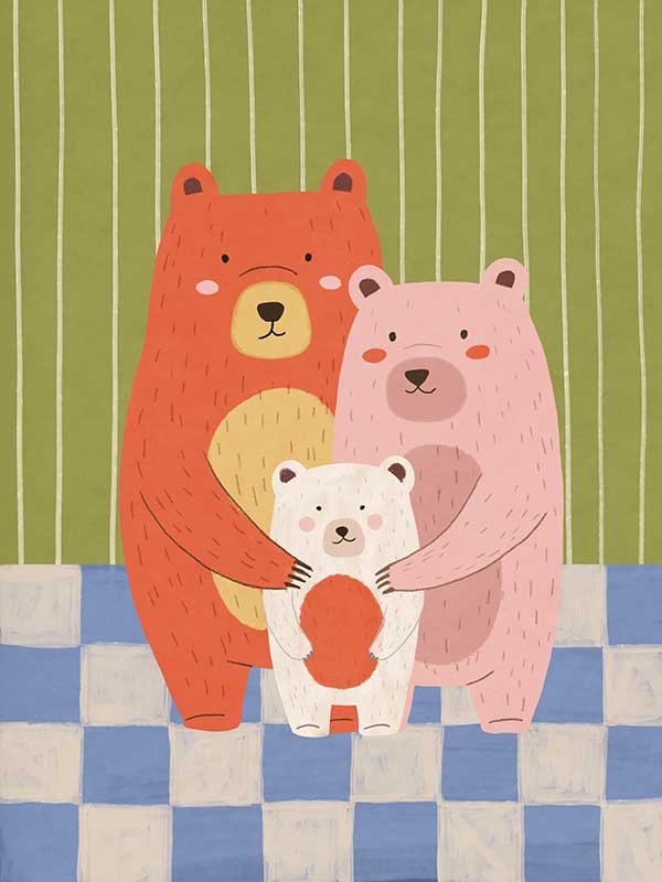 Three cuddly bears hugging against green stripes and blue checks in a soft storybook palette, from the Little Tails Collection by Urban Road.