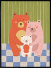 Three cuddly bears hugging against green stripes and blue checks in a soft storybook palette, from the Little Tails Collection by Urban Road.