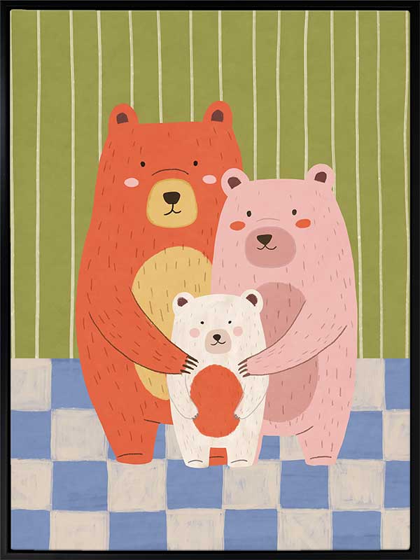 Three cuddly bears hugging against green stripes and blue checks in a soft storybook palette, from the Little Tails Collection by Urban Road.