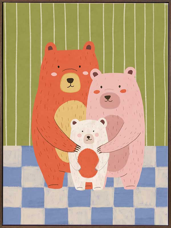 Three cuddly bears hugging against green stripes and blue checks in a soft storybook palette, from the Little Tails Collection by Urban Road.