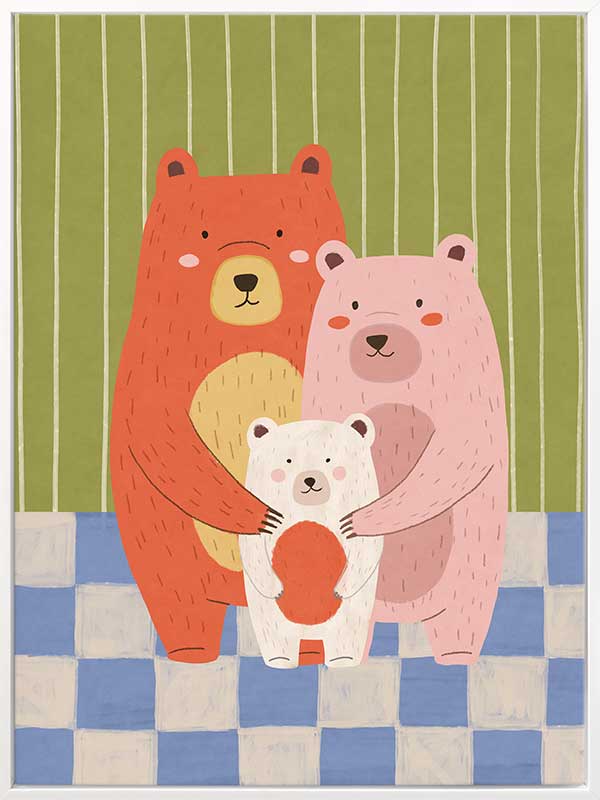 Three cuddly bears hugging against green stripes and blue checks in a soft storybook palette, from the Little Tails Collection by Urban Road.