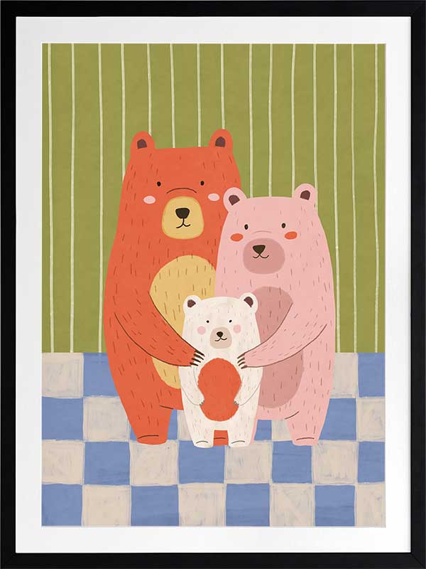 Three cuddly bears hugging against green stripes and blue checks in a soft storybook palette, from the Little Tails Collection by Urban Road.