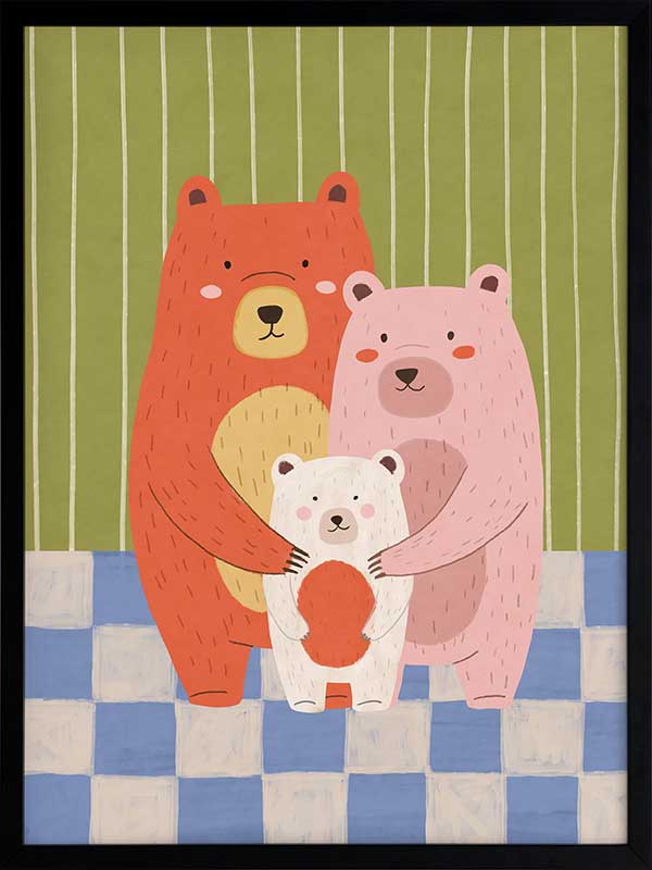 Three cuddly bears hugging against green stripes and blue checks in a soft storybook palette, from the Little Tails Collection by Urban Road.