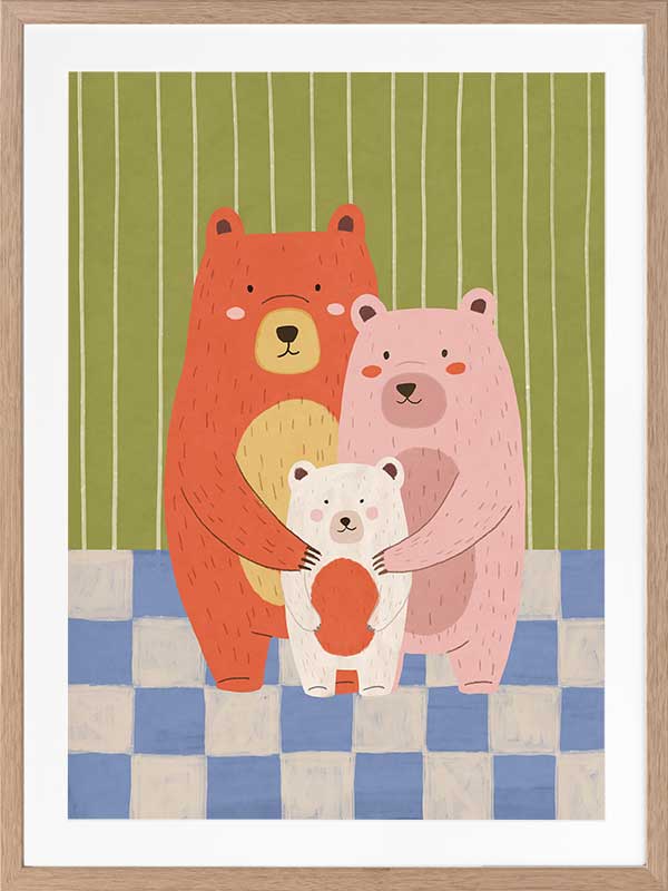 Three cuddly bears hugging against green stripes and blue checks in a soft storybook palette, from the Little Tails Collection by Urban Road.