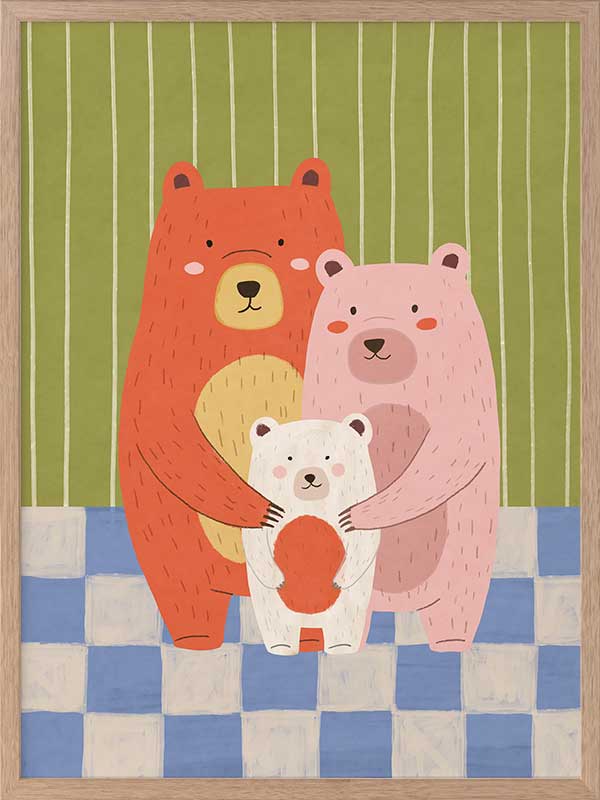 Three cuddly bears hugging against green stripes and blue checks in a soft storybook palette, from the Little Tails Collection by Urban Road.