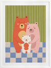 Three cuddly bears hugging against green stripes and blue checks in a soft storybook palette, from the Little Tails Collection by Urban Road.