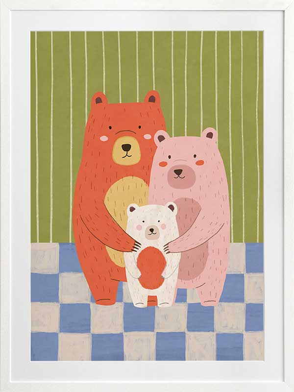 Three cuddly bears hugging against green stripes and blue checks in a soft storybook palette, from the Little Tails Collection by Urban Road.
