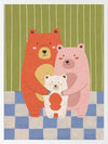 Three cuddly bears hugging against green stripes and blue checks in a soft storybook palette, from the Little Tails Collection by Urban Road.