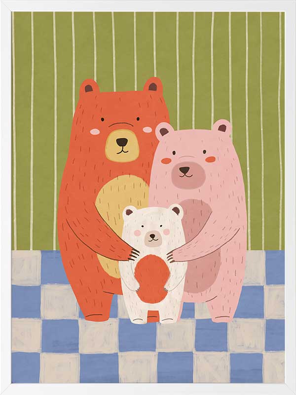 Three cuddly bears hugging against green stripes and blue checks in a soft storybook palette, from the Little Tails Collection by Urban Road.