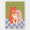Three cuddly bears hugging against green stripes and blue checks in a soft storybook palette, from the Little Tails Collection by Urban Road.