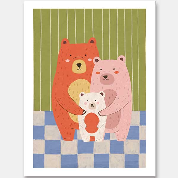 Three cuddly bears hugging against green stripes and blue checks in a soft storybook palette, from the Little Tails Collection by Urban Road.