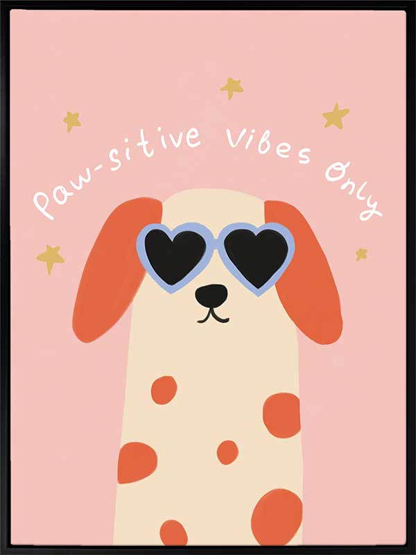 Smiling spotted dog with heart sunglasses under the phrase “Pawsitive Vibes Only” on a pink background, from the Little Tails Collection by Urban Road.