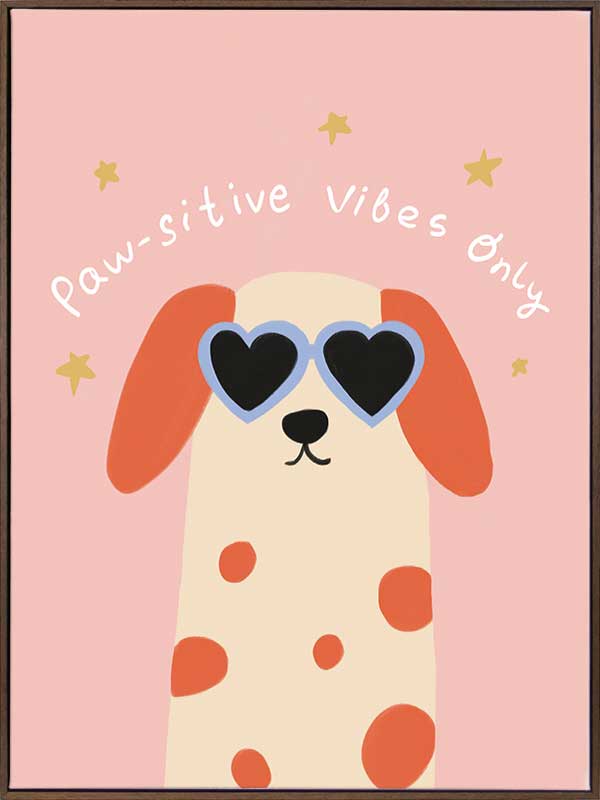 Smiling spotted dog with heart sunglasses under the phrase “Pawsitive Vibes Only” on a pink background, from the Little Tails Collection by Urban Road.