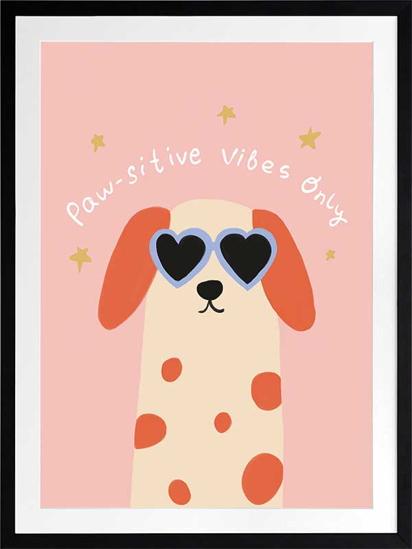Smiling spotted dog with heart sunglasses under the phrase “Pawsitive Vibes Only” on a pink background, from the Little Tails Collection by Urban Road.