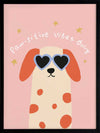 Smiling spotted dog with heart sunglasses under the phrase “Pawsitive Vibes Only” on a pink background, from the Little Tails Collection by Urban Road.