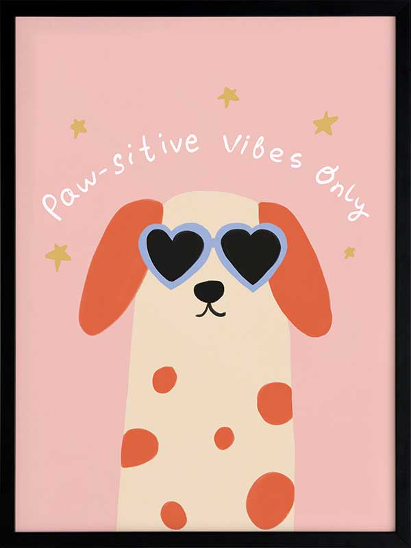 Smiling spotted dog with heart sunglasses under the phrase “Pawsitive Vibes Only” on a pink background, from the Little Tails Collection by Urban Road.