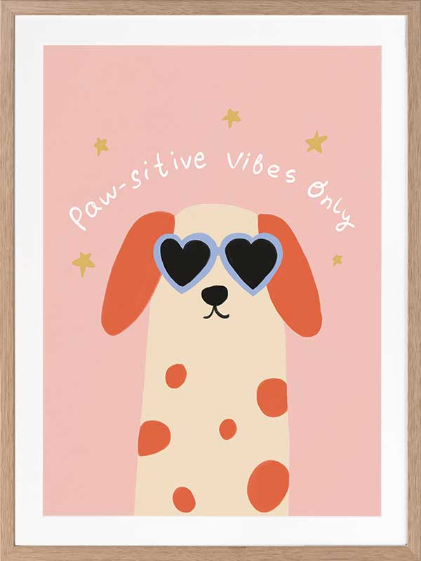 Smiling spotted dog with heart sunglasses under the phrase “Pawsitive Vibes Only” on a pink background, from the Little Tails Collection by Urban Road.