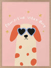 Smiling spotted dog with heart sunglasses under the phrase “Pawsitive Vibes Only” on a pink background, from the Little Tails Collection by Urban Road.