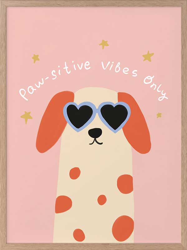 Smiling spotted dog with heart sunglasses under the phrase “Pawsitive Vibes Only” on a pink background, from the Little Tails Collection by Urban Road.