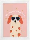 Smiling spotted dog with heart sunglasses under the phrase “Pawsitive Vibes Only” on a pink background, from the Little Tails Collection by Urban Road.