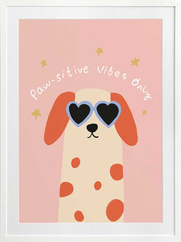Smiling spotted dog with heart sunglasses under the phrase “Pawsitive Vibes Only” on a pink background, from the Little Tails Collection by Urban Road.