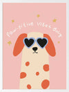 Smiling spotted dog with heart sunglasses under the phrase “Pawsitive Vibes Only” on a pink background, from the Little Tails Collection by Urban Road.