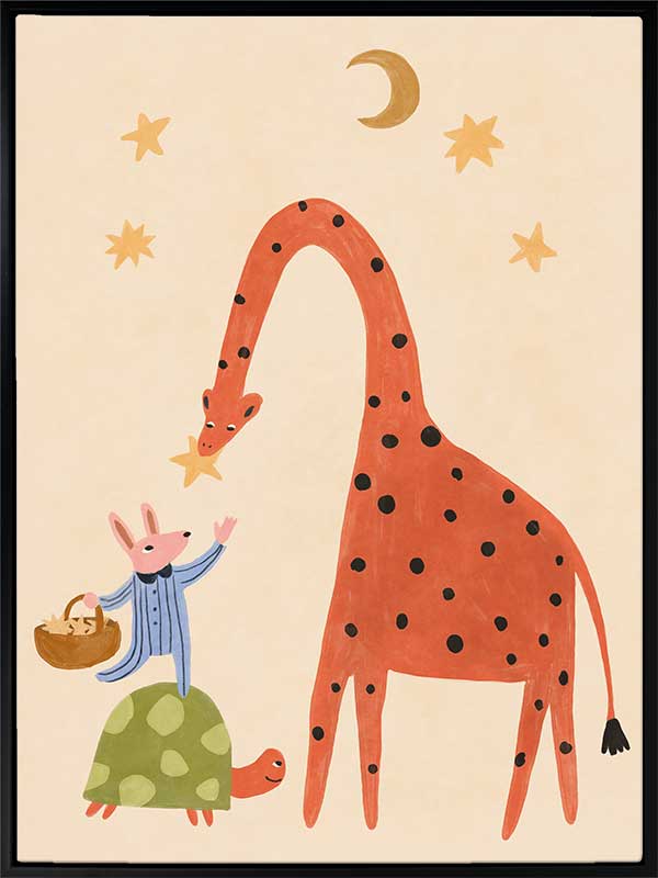 A tall giraffe and tiny mouse share a starry moment in soft neutral tones with pops of colour, from the Little Tails Collection by Urban Road.