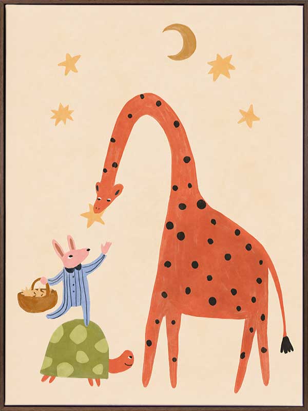 A tall giraffe and tiny mouse share a starry moment in soft neutral tones with pops of colour, from the Little Tails Collection by Urban Road.