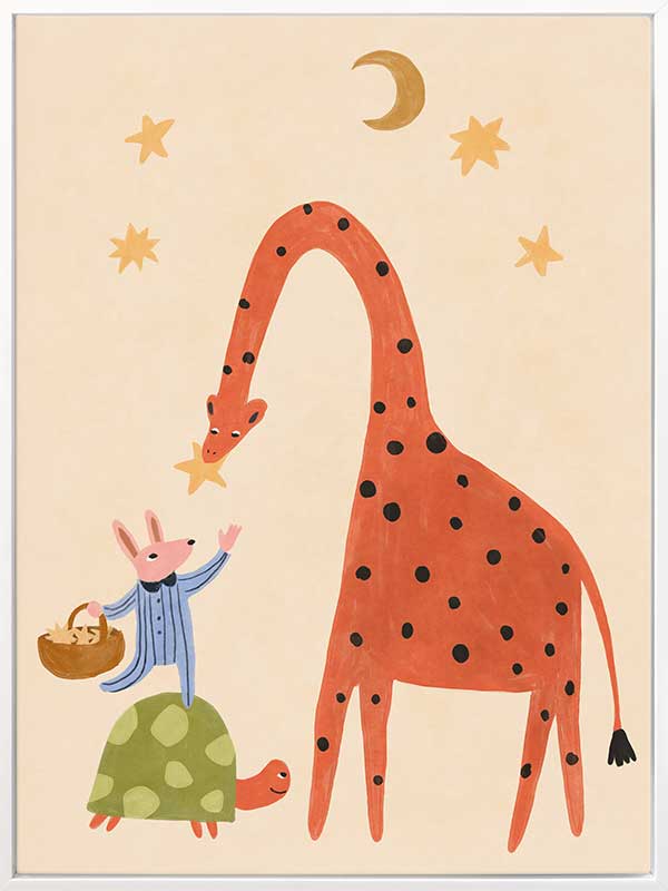 A tall giraffe and tiny mouse share a starry moment in soft neutral tones with pops of colour, from the Little Tails Collection by Urban Road.