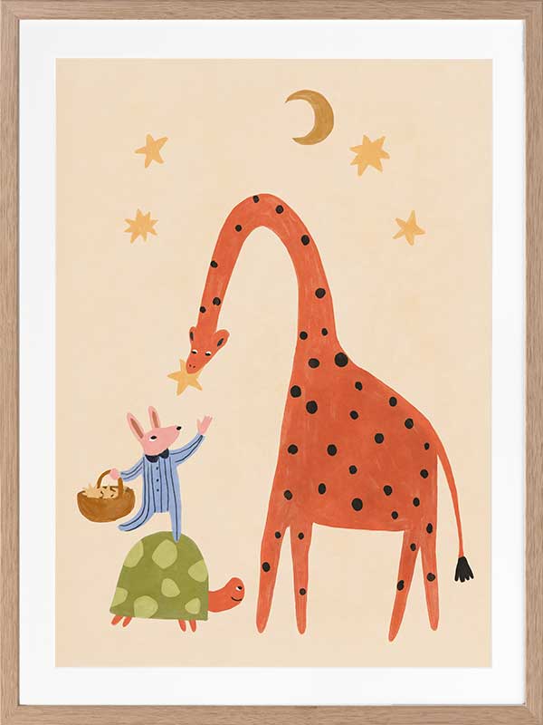 A tall giraffe and tiny mouse share a starry moment in soft neutral tones with pops of colour, from the Little Tails Collection by Urban Road.