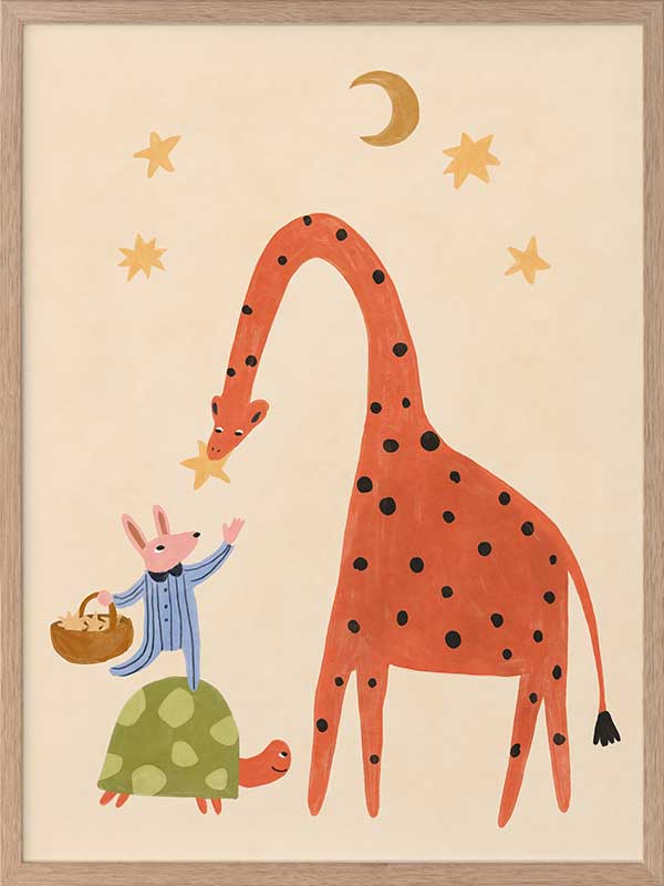 A tall giraffe and tiny mouse share a starry moment in soft neutral tones with pops of colour, from the Little Tails Collection by Urban Road.