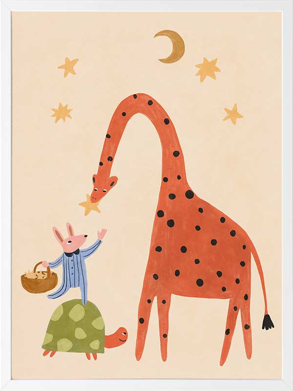 A tall giraffe and tiny mouse share a starry moment in soft neutral tones with pops of colour, from the Little Tails Collection by Urban Road.